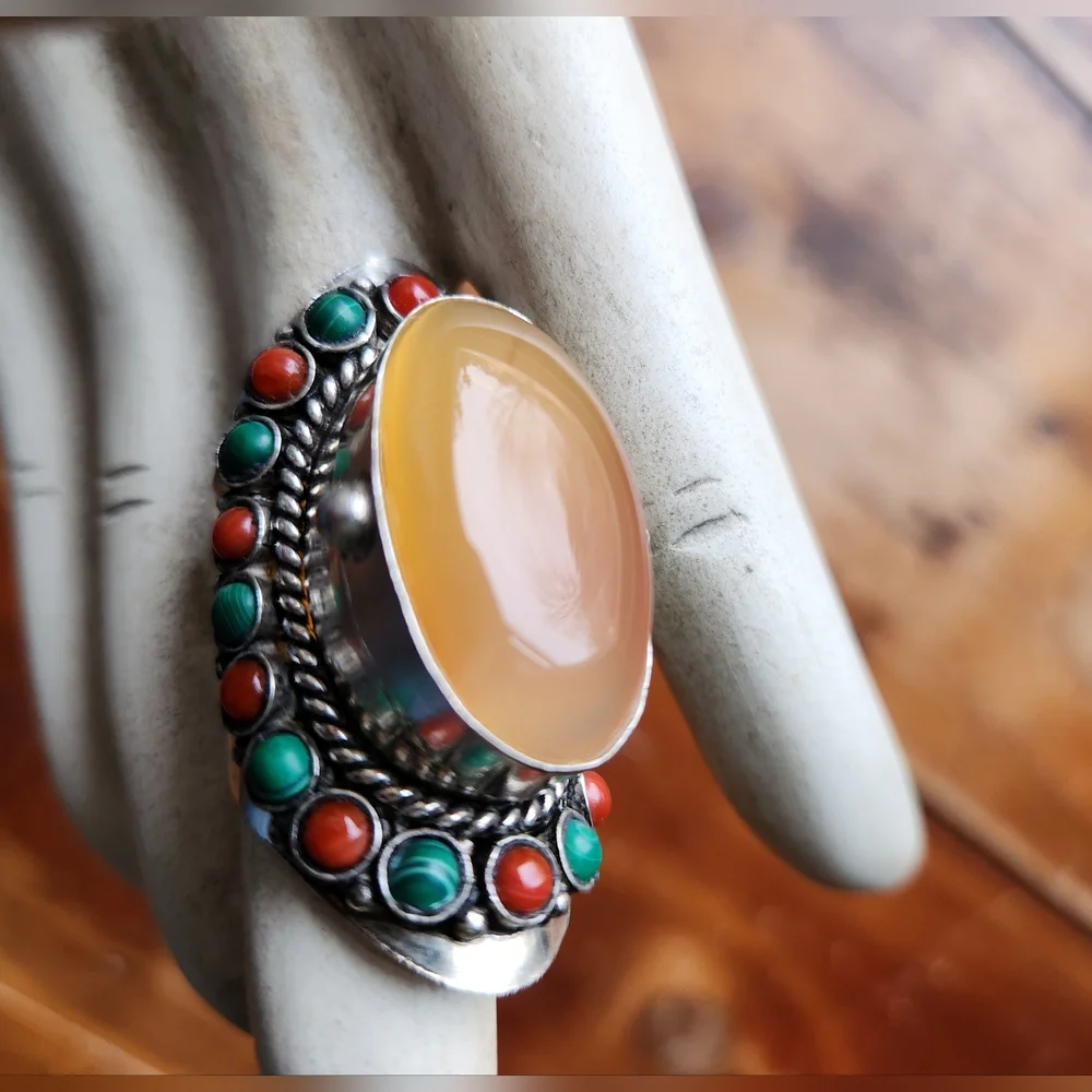 💍New Boutique Item! Agate, Malachite and Coral Gemstone "Poison" Ring💍 - Picture 1 of 15